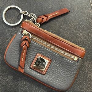 Dooney & Bourke Gray Pebbled Leather Coin Pouch with Brown Trim and Gold Plaque